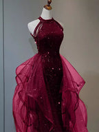 Elegant A-Line Halter Sparkly Sequins Long Prom Dress  Navy Blue Evening Dress