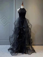 Elegant A-Line Halter Sparkly Sequins Long Prom Dress  Navy Blue Evening Dress