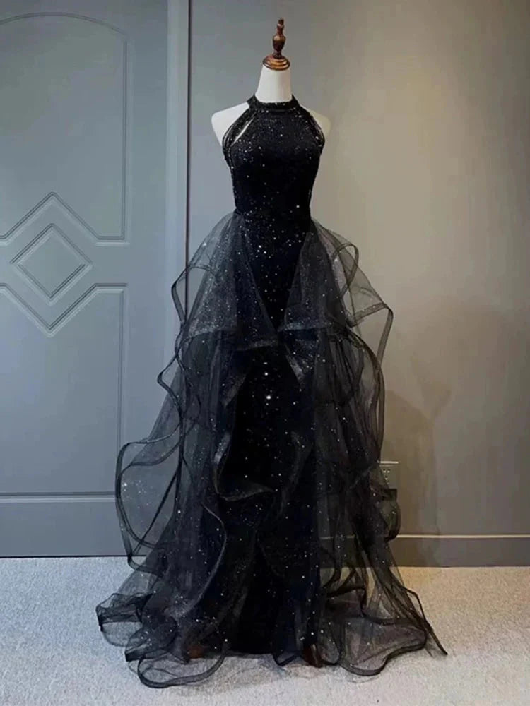 Elegant A-Line Halter Sparkly Sequins Long Prom Dress  Navy Blue Evening Dress