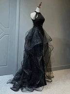 Elegant A-Line Halter Sparkly Sequins Long Prom Dress  Navy Blue Evening Dress