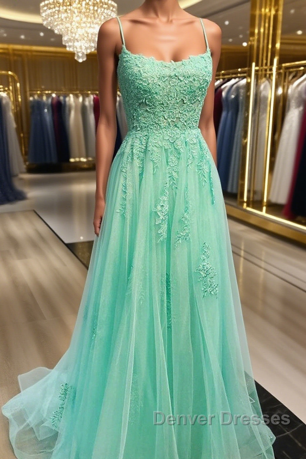A Line Mint Green Lace Long Prom Dress, Mint Green Lace Formal Graduation Evening Dress Main image
