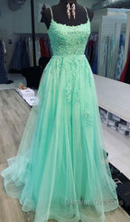 A Line Mint Green Lace Long Prom Dress, Mint Green Lace Formal Graduation Evening Dress