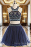 A-line Navy Blue Halter Tulle Beading Homecoming Dress