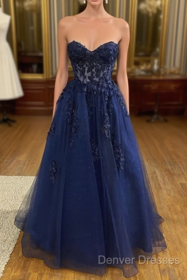 A Line Navy Blue Lace Long Prom Dress Strapless Graduation Evening Dress Main image