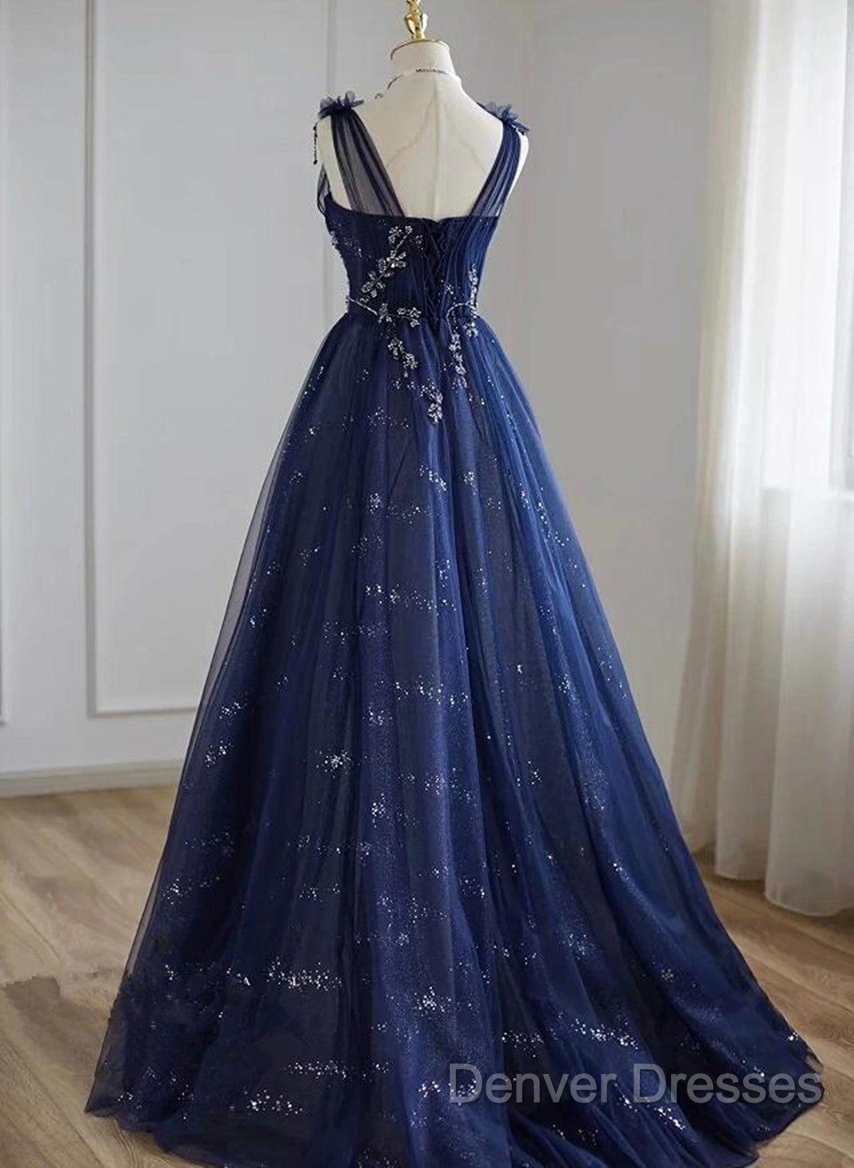A-Line Navy Blue Tulle Beaded V-Neckline Party Dress, Navy Blue Shiny Tulle Prom Dress Secondary image