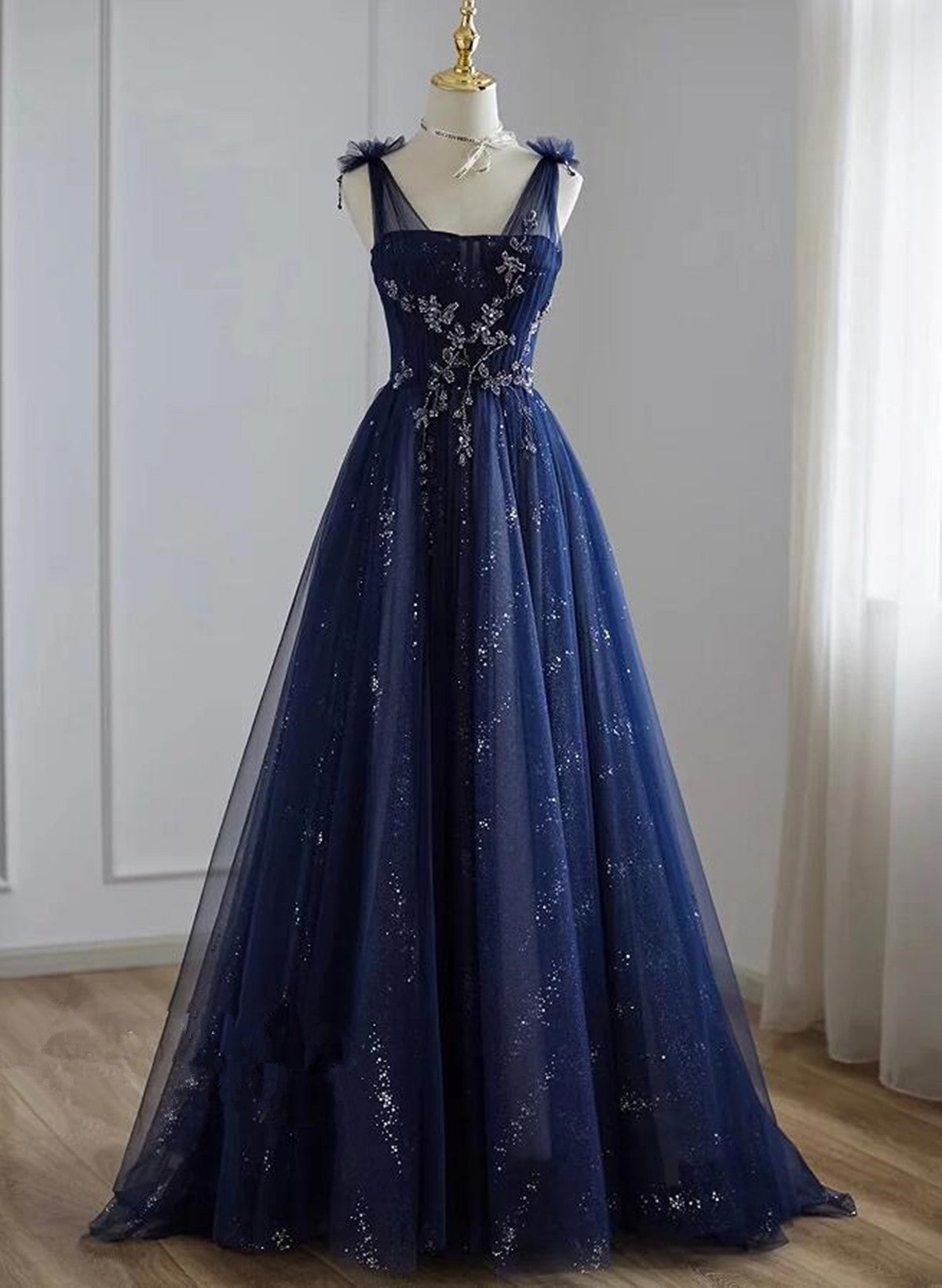 A-Line Navy Blue Tulle Beaded V-Neckline Party Dress, Navy Blue Shiny Tulle Prom Dress