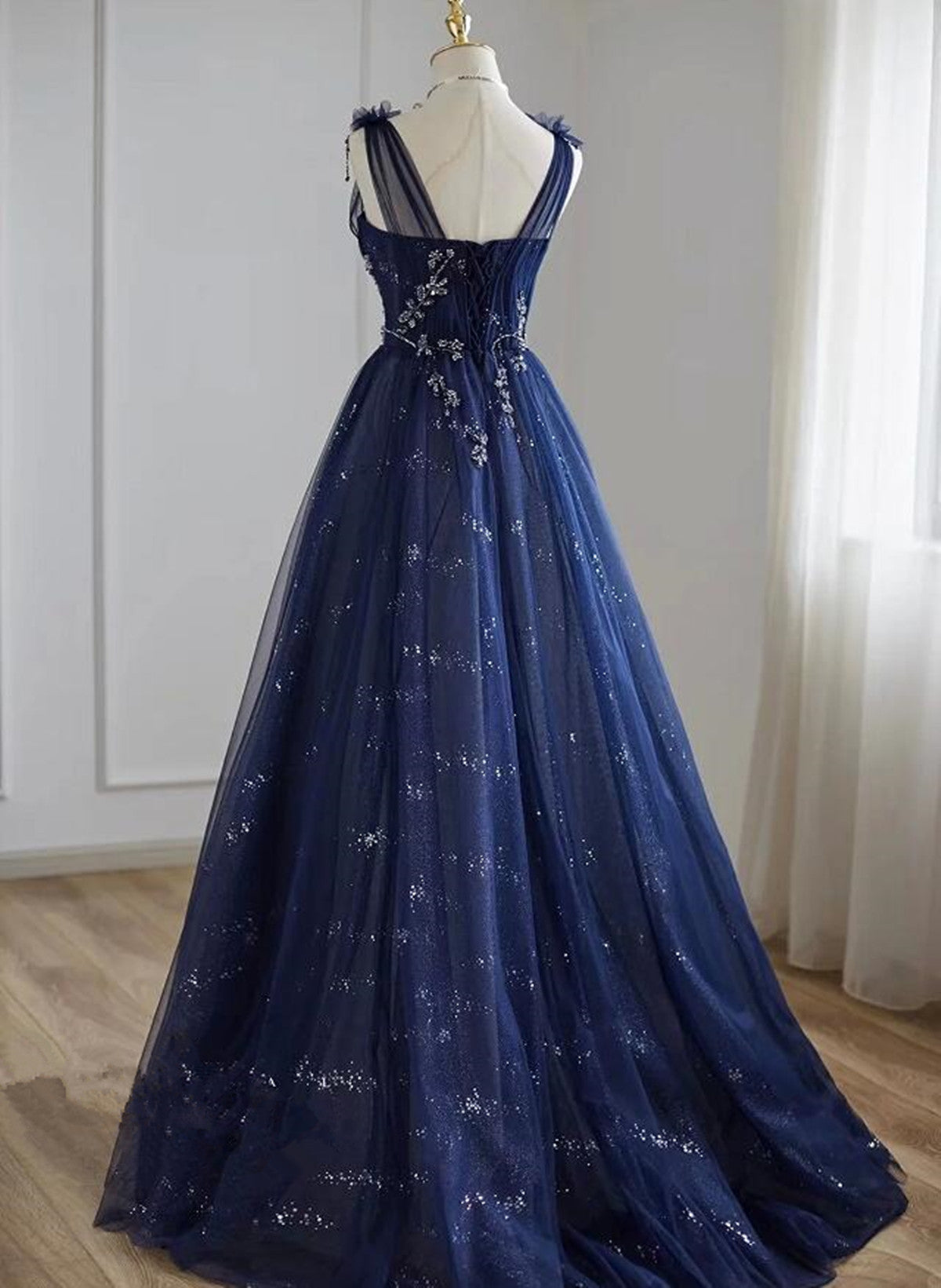 A-Line Navy Blue Tulle Beaded V-Neckline Party Dress, Navy Blue Shiny Tulle Prom Dress Secondary image