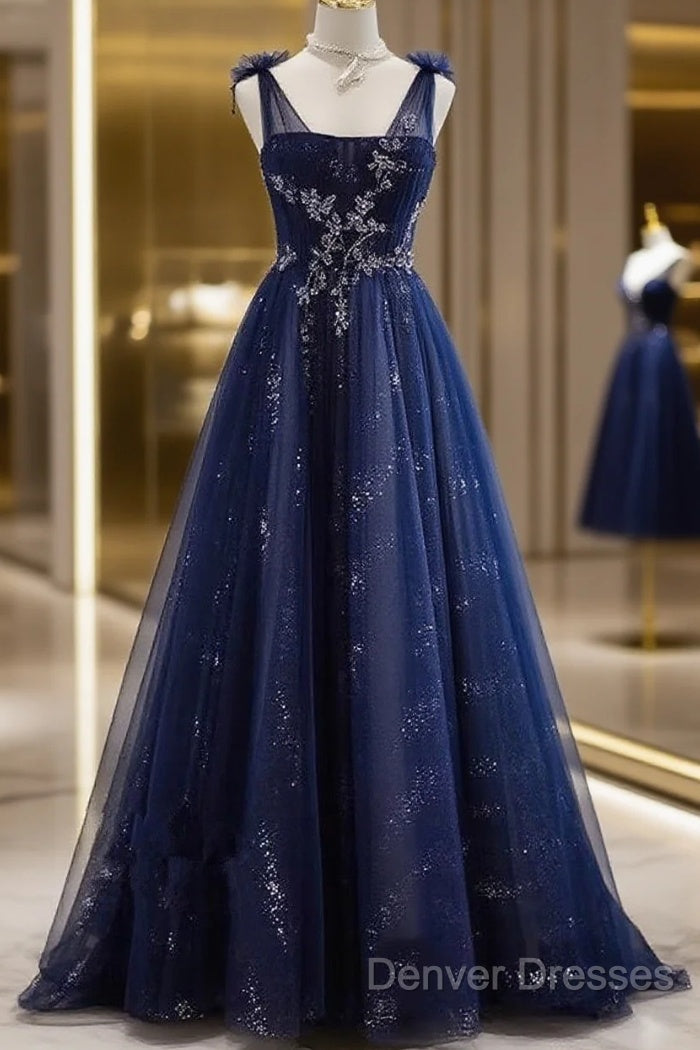 A-Line Navy Blue Tulle Beaded V-Neckline Party Dress, Navy Blue Shiny Tulle Prom Dress Main image