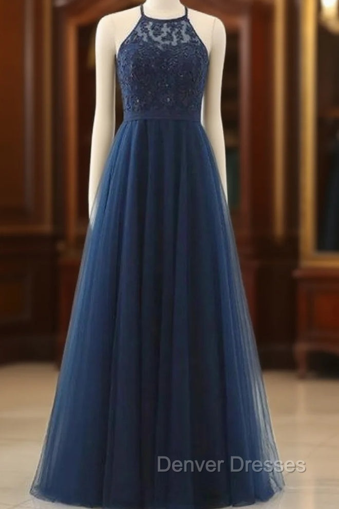 A-line Navy Blue Tulle Halter Crossed Back Long Prom Dress Main image