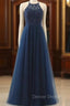A-line Navy Blue Tulle Halter Crossed Back Long Prom Dress