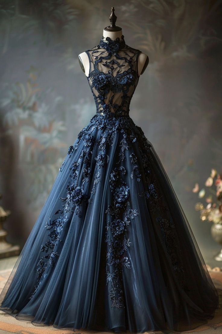 A Line Navy Blue Tulle High Neck Long Prom Dress Charming Evening Dress Secondary image