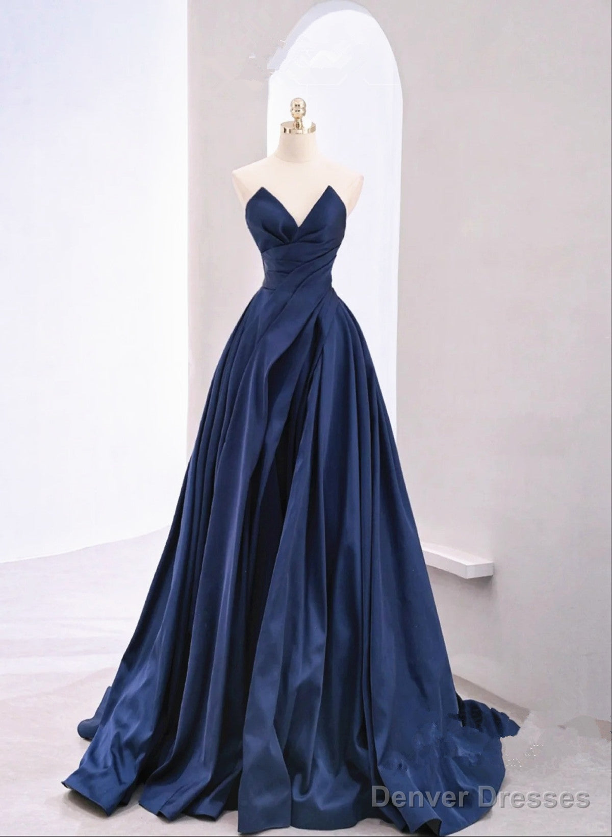 A-Line Navy Blue Tulle Long Party Dress, Navy Blue Satin Prom Dress Main image