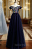 A-Line Navy Blue Tulle Sequins Off the Shoulder Prom Dress