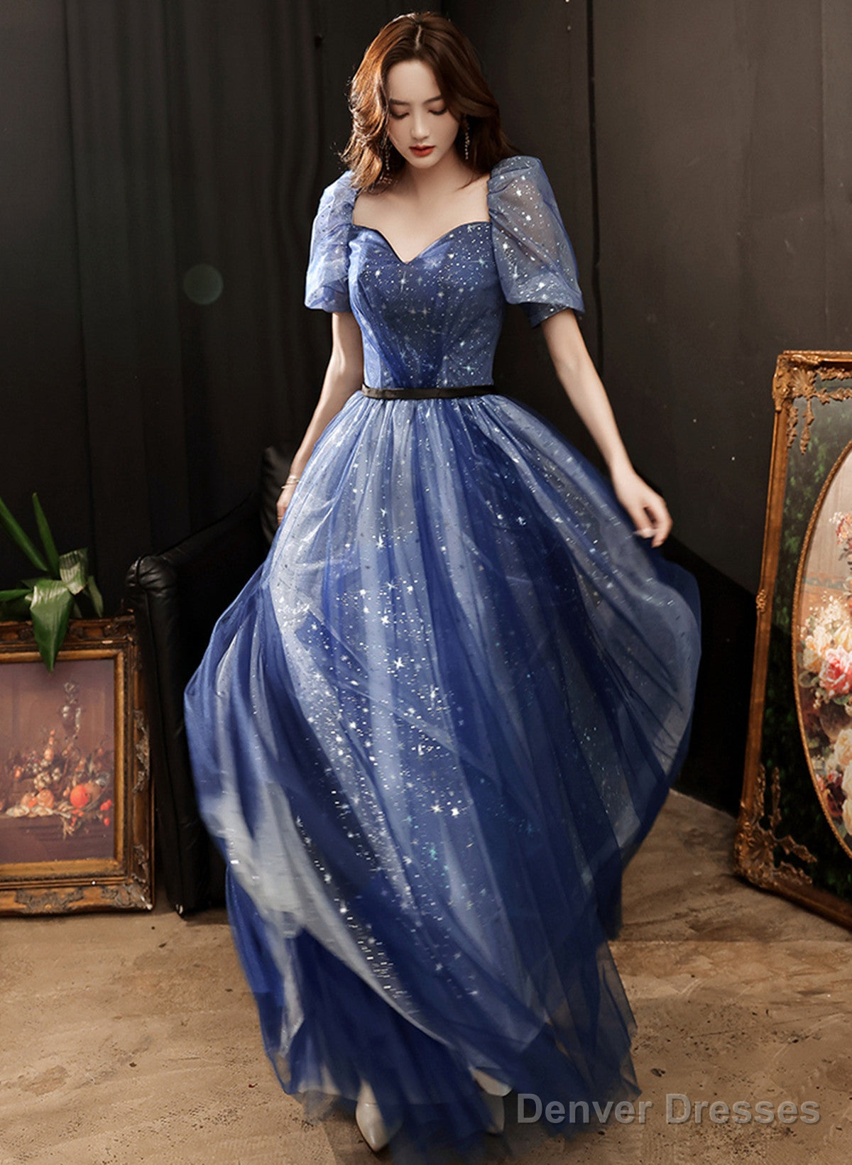 A-Line Navy Blue Tulle Short Sleeves Long Party Dress, Navy Blue Prom Dress Main image