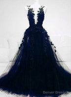 A-Line Navy Blue Tulle With Lace Long Evening Dress, Navy Blue Prom Dress