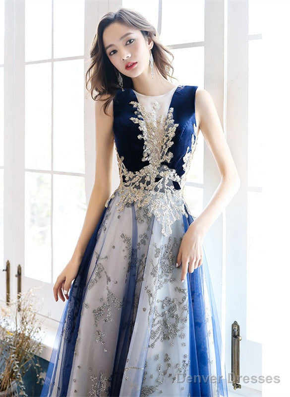 A-Line Navy Blue Tulle With Lace Long Party Dress, Navy Blue Floor Length Prom Dress Secondary image