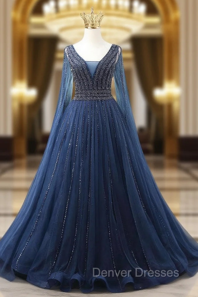 A-line Navy Blue V-neck Beading Prom Dress