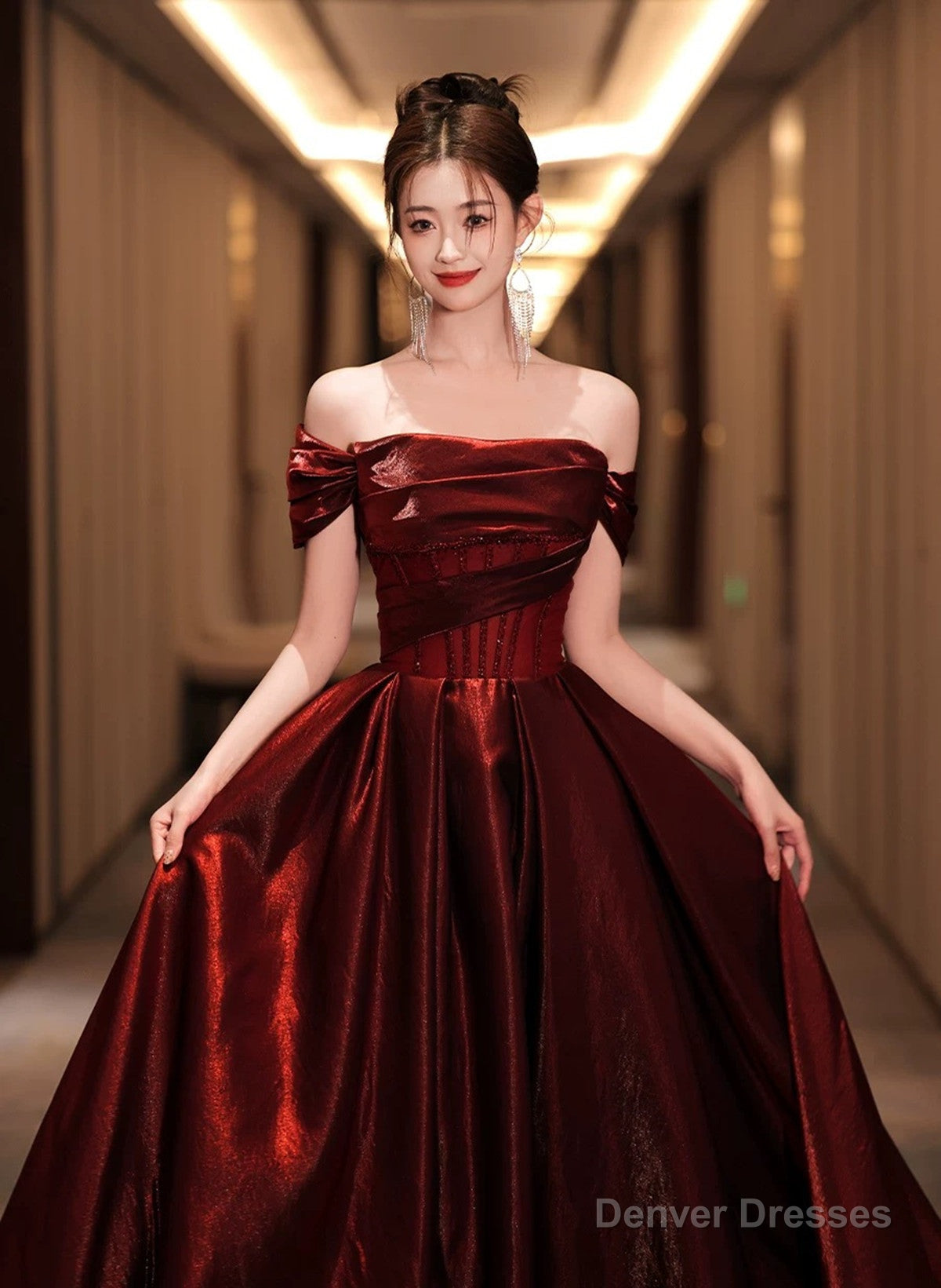 A-line Off Shoulder Beaded Wine Red Satin Prom Dress, Wine Red Party Dress Main image