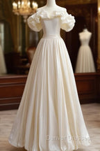 A-Line Off Shoulder Beige Taffeta Long Prom Dress, Beige Formal Evening Dress
