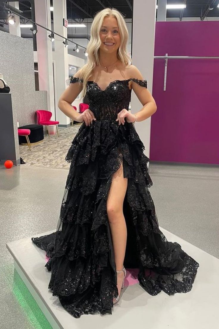 A Line Off Shoulder Black Lace Long Prom Dress With High Slit