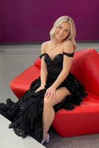 A Line Off Shoulder Black Lace Long Prom Dress With High Slit