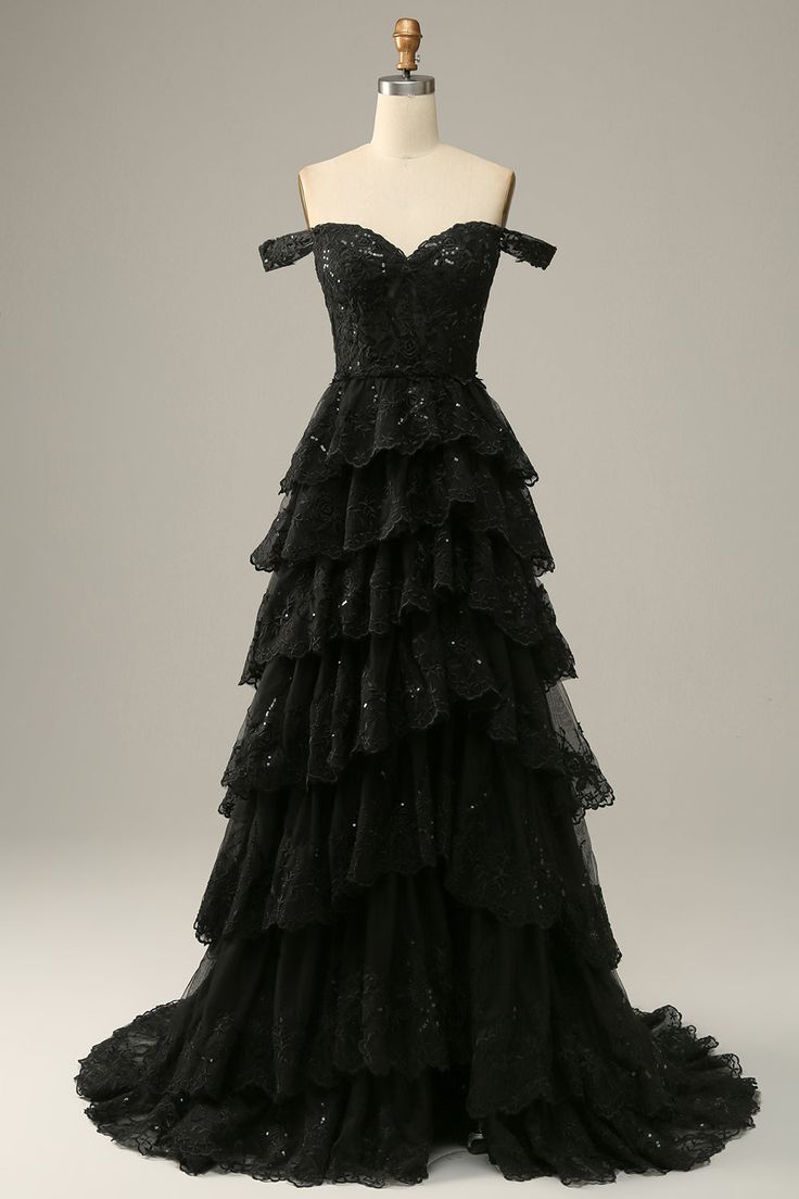 A Line Off Shoulder Black Lace Long Prom Dress With High Slit