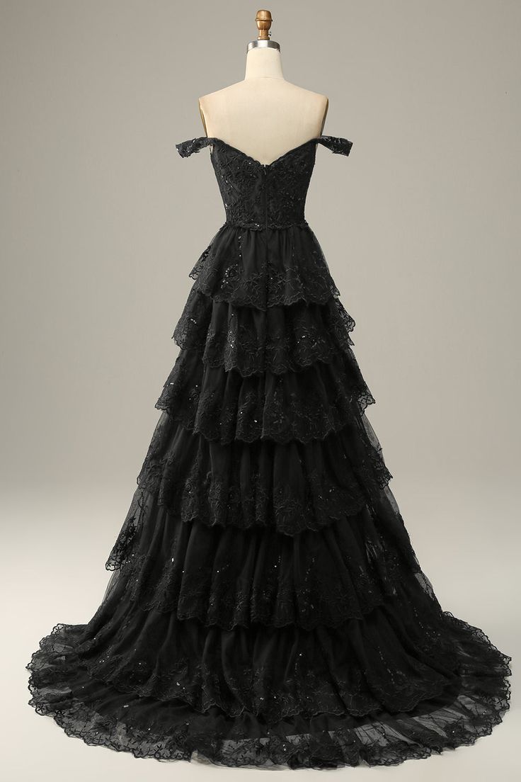 A Line Off Shoulder Black Lace Long Prom Dress With High Slit