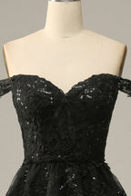A Line Off Shoulder Black Lace Long Prom Dress With High Slit