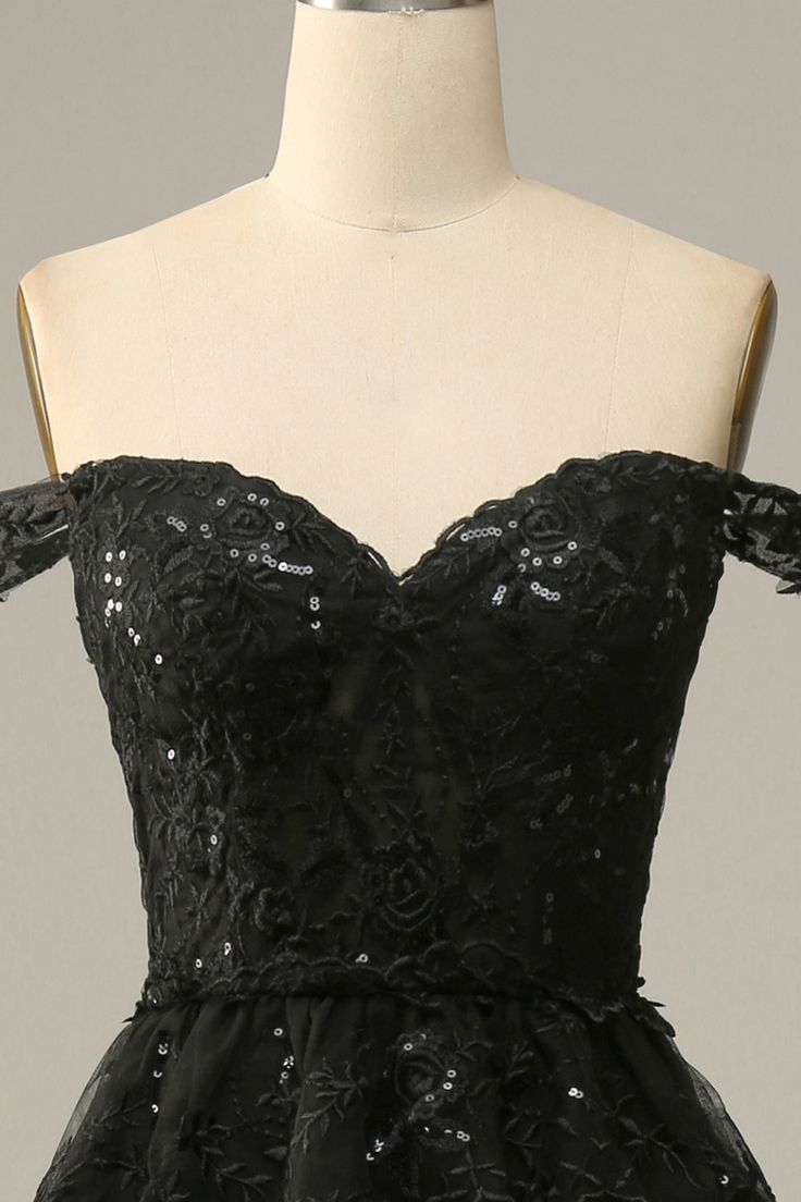 A Line Off Shoulder Black Lace Long Prom Dress With High Slit