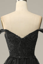 A Line Off Shoulder Black Lace Long Prom Dress With High Slit