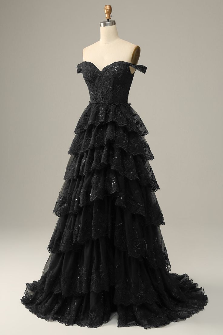 A Line Off Shoulder Black Lace Long Prom Dress With High Slit