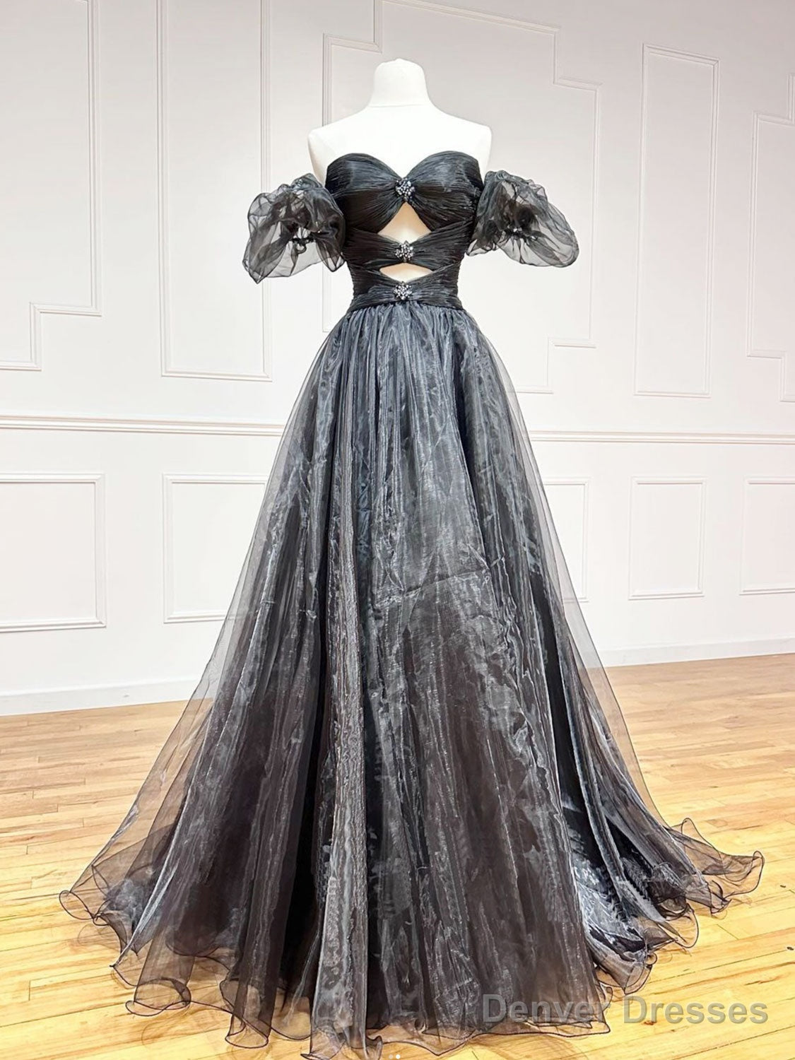 A-Line Off Shoulder Black Long Prom Dresses, Black Formal Evening Dress Main image