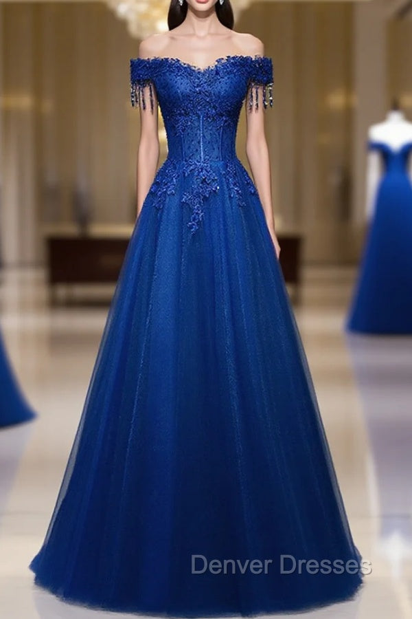 A-line Off Shoulder Blue Beaded and Lace Long Party Dress, Blue Formal Dress