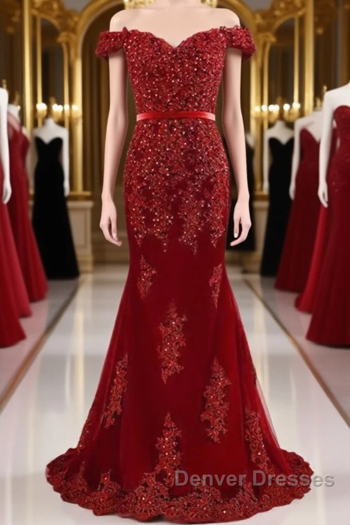 A Line Off Shoulder Burgundy Lace Prom Dress, Burgundy Lace Formal Dress, Bridesmaid Dress Main image