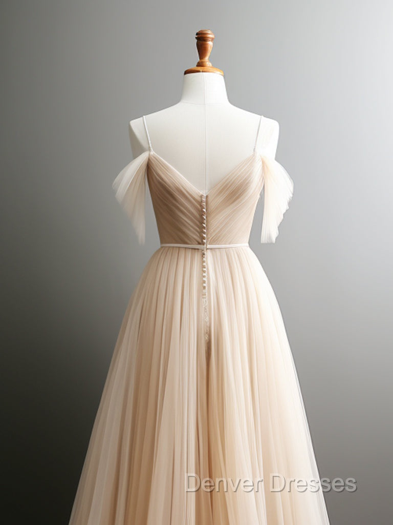 A-Line Off Shoulder Champagne Tulle Long Prom Dress, Champagne Long Evening Dress Secondary image