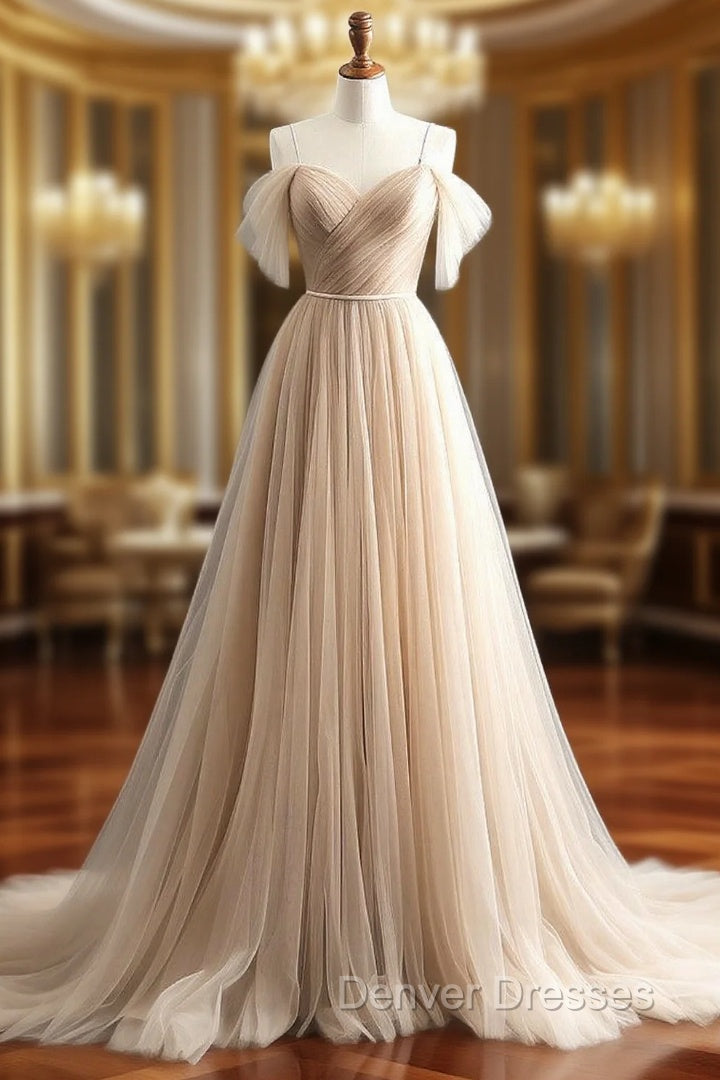 A-Line Off Shoulder Champagne Tulle Long Prom Dress, Champagne Long Evening Dress Main image