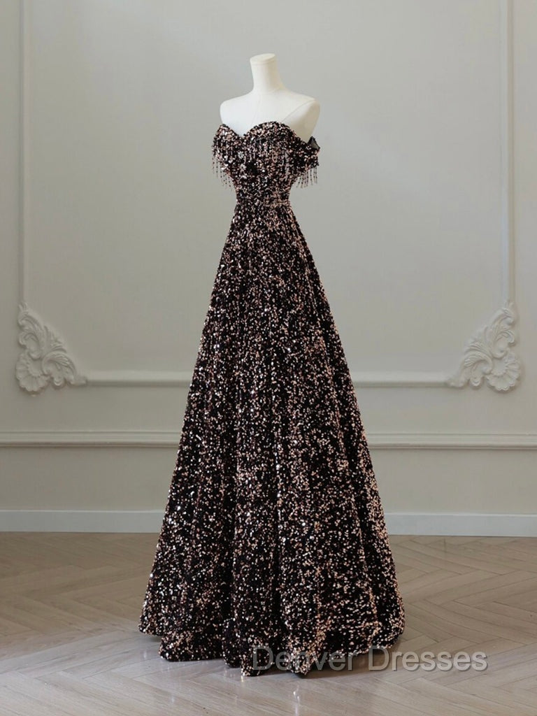 A-Line Off Shoulder Coffee Gold Sequin Long Prom Dress, Coffee Gold Formal Dress Secondary image