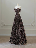 A-Line Off Shoulder Coffee Gold Sequin Long Prom Dress, Coffee Gold Formal Dress