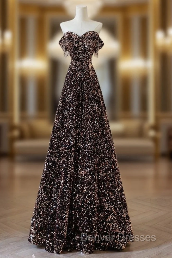 A-Line Off Shoulder Coffee Gold Sequin Long Prom Dress, Coffee Gold Formal Dress Main image