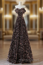 A-Line Off Shoulder Coffee Gold Sequin Long Prom Dress, Coffee Gold Formal Dress