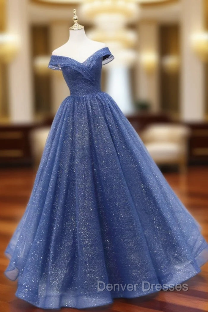 A-Line Off Shoulder Dark Blue Long Prom Dress, Shiny Tulle Long Graduation Dress Main image
