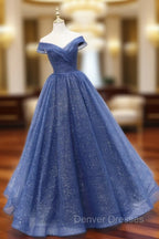 A-Line Off Shoulder Dark Blue Long Prom Dress, Shiny Tulle Long Graduation Dress