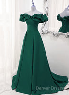 A-Line Off Shoulder Floor Length A-Line Long Prom Dress, Green Sweetheart Party Dress