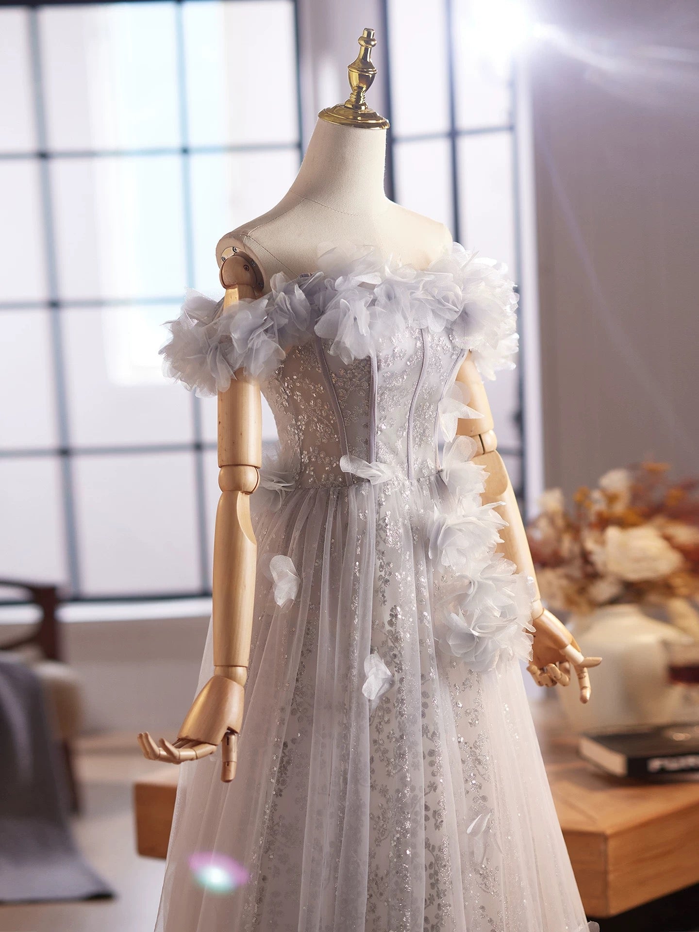 A-Line Off Shoulder Flower Tulle Gray Long Prom Dress, Gray Formal Dress