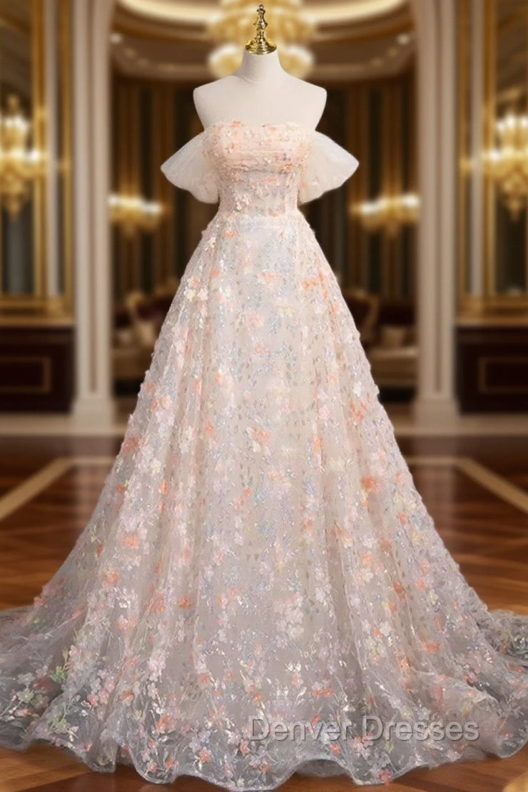 A-Line Off Shoulder Flowers Lace Formal Dress, Long Prom Dress Main image