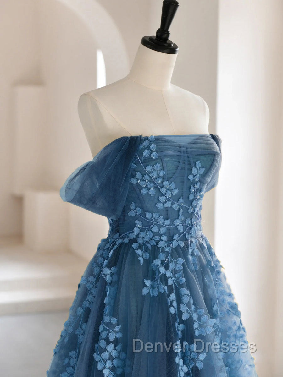 A-line Off Shoulder Gray Blue Tulle Long Prom Dress, Gray Blue Long Formal Dress Secondary image