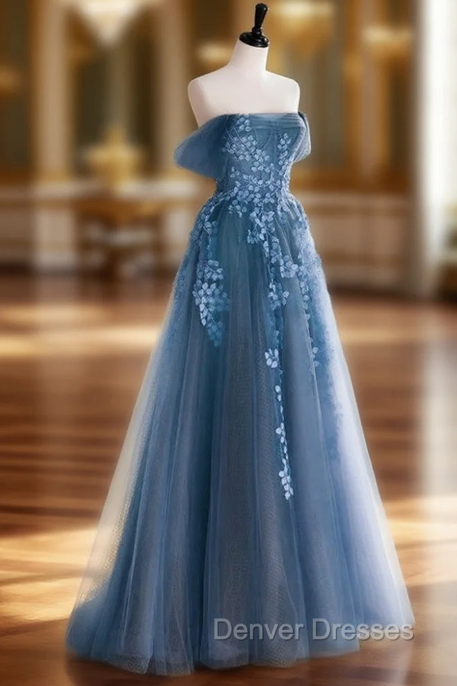 A-line Off Shoulder Gray Blue Tulle Long Prom Dress, Gray Blue Long Formal Dress Main image
