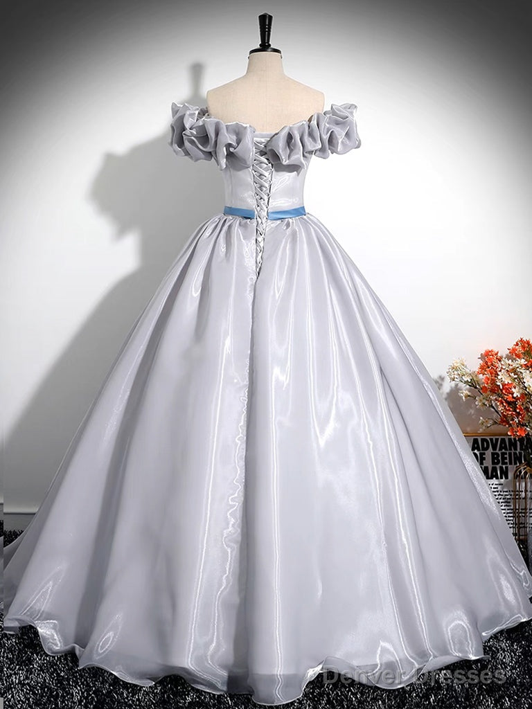 A-Line Off Shoulder Gray Satin Long Prom Dress, Gray Long Formal Dress Secondary image