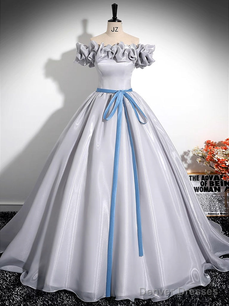 A-Line Off Shoulder Gray Satin Long Prom Dress, Gray Long Formal Dress Main image