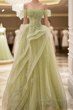 A-Line Off Shoulder Green Lace Long Prom Dress, Green Formal Dress